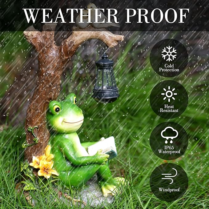 Outdoor Funny Frog Statue, Resin Reading Frogs Garden Decor, Solar Frog Gift Sculpture Decoration for Home Patio, Yard, Lawn, Porch, Ornament