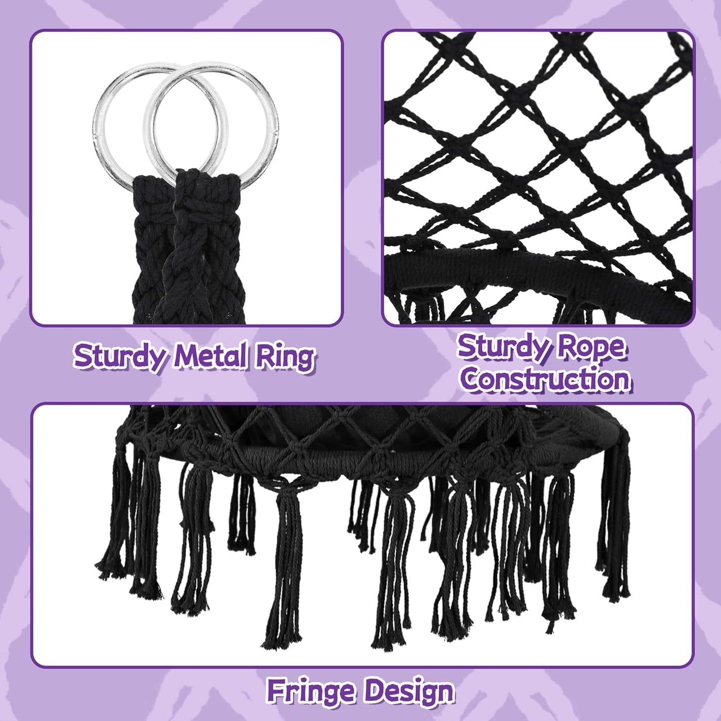 Macrame Hammock Hanging Swinging Chair with Medium Cushion, Perfect for Bedroom, Porch, Adults, Balcony, Black
