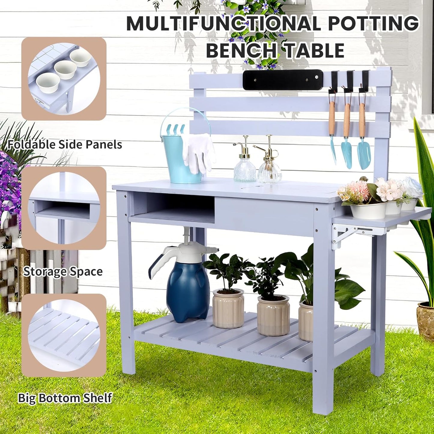 Potting Bench Outdoor Potting Table—All-Weather Kids Solid Wood Garden Work Station with Sink、Hooks、3Flower Pots, Weather Proof（Blue, Large）