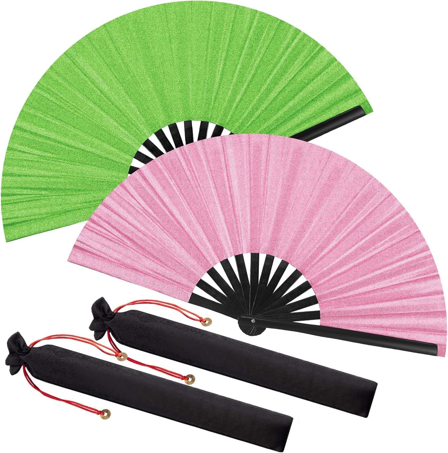 Maitys 2 Packs Large Clap Fans for Line Dancing Large Chinese Folding Hand Fans for Men and Women, Festival, Tai Ji, Kungfu, Martial Art, Gifts (Glitter Green and Pink)