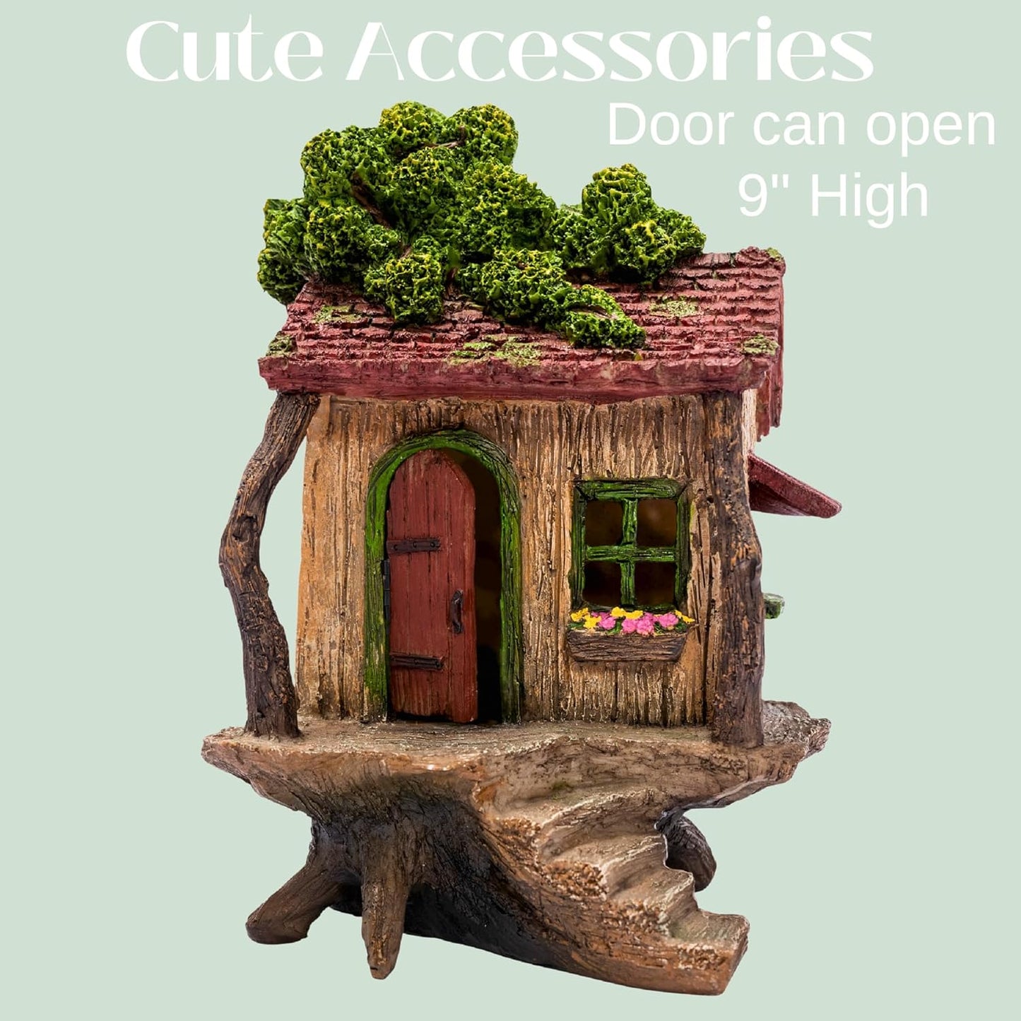 PRETMANNS Fairy House Kit - Fairy Garden Accessories for Outdoor Miniature Village Decor, with Three Fairies - House, 9’ High & Door can Open Wide - 4 Piece Supplies