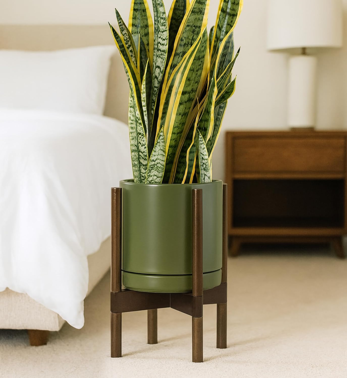 D'vine Dev Ceramic Planter with Walnut Color Stand - 10 Inch Modern Round Flower Pot with Wood Planter Holder, Olive, 55-B-X-J