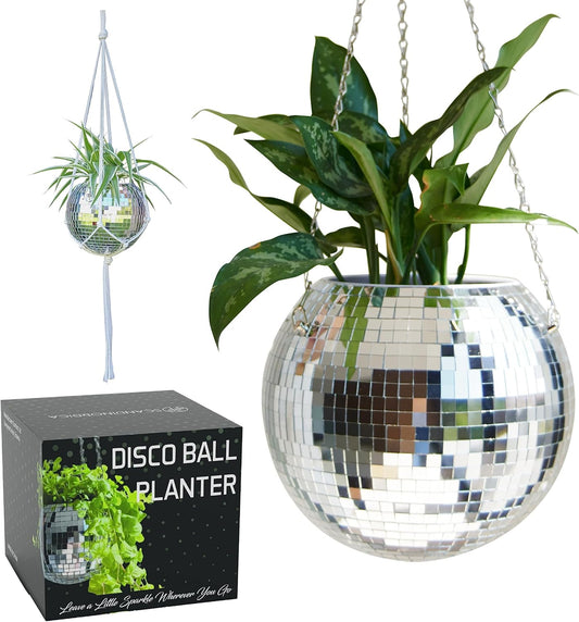 SCANDINORDICA Disco Ball Planter – Value Package: Mirror Disco Planter with Chain, Macrame Hanger and Acrylic Stand for Desk, Includes Self Watering Insert, Eclectic Home Decor | 10 inch Silver