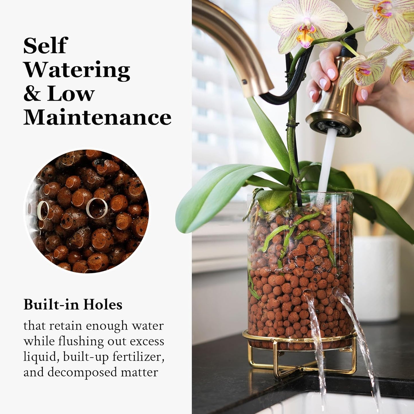 Pot & Pebble - C9 Glass Planter with Decorative Metal Base - Plant Propagation Station with Water Level Control - Plant Cutting Holder for LECA Clay Pebbles/Similar Media - Semi Hydroponic Planter