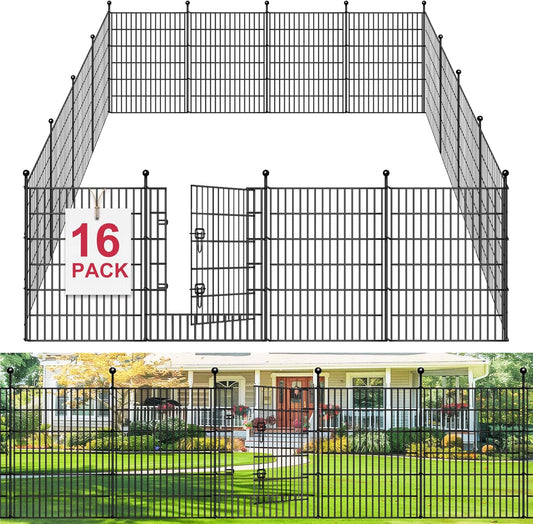 16 Panels Decorative Garden Fence, 32in(H) X 34.7ft(L) No Dig Animal Barrier Fencing, Rustproof Metal Garden Fence Panels with Gate, Dog Fence Outdoor for Yard