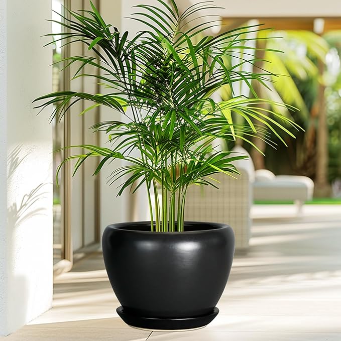 Ceramic Pot for Plants - 10 Inch Plant Pot Indoor with Drainage Hole and Saucer Large Planter Decorative Planter Modern Outdoor Flower Pot for House Balcony Black