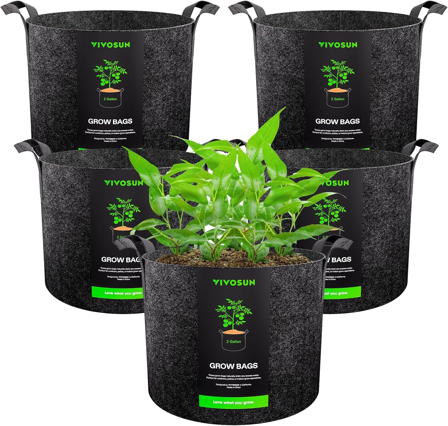 VIVOSUN 5-Pack 2 Gallon Grow Bags Heavy Duty Thickened Nonwoven Fabric Pots with Handles