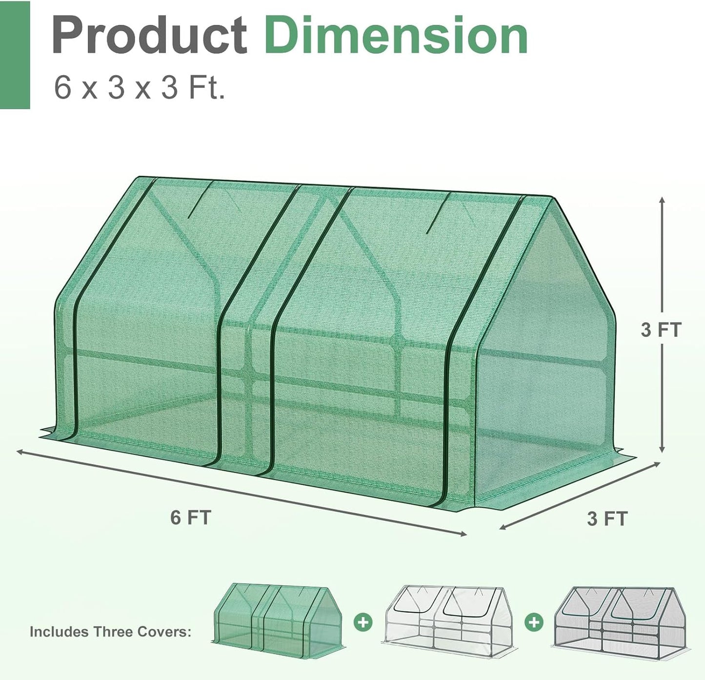 Aoodor 6 x 3 x 3 ft Mini Greenhouse with 2 Zipper Doors, Water-Resistant, UV-Protected for Flowers, Vegetables, and Herbs, Includes 3 Covers