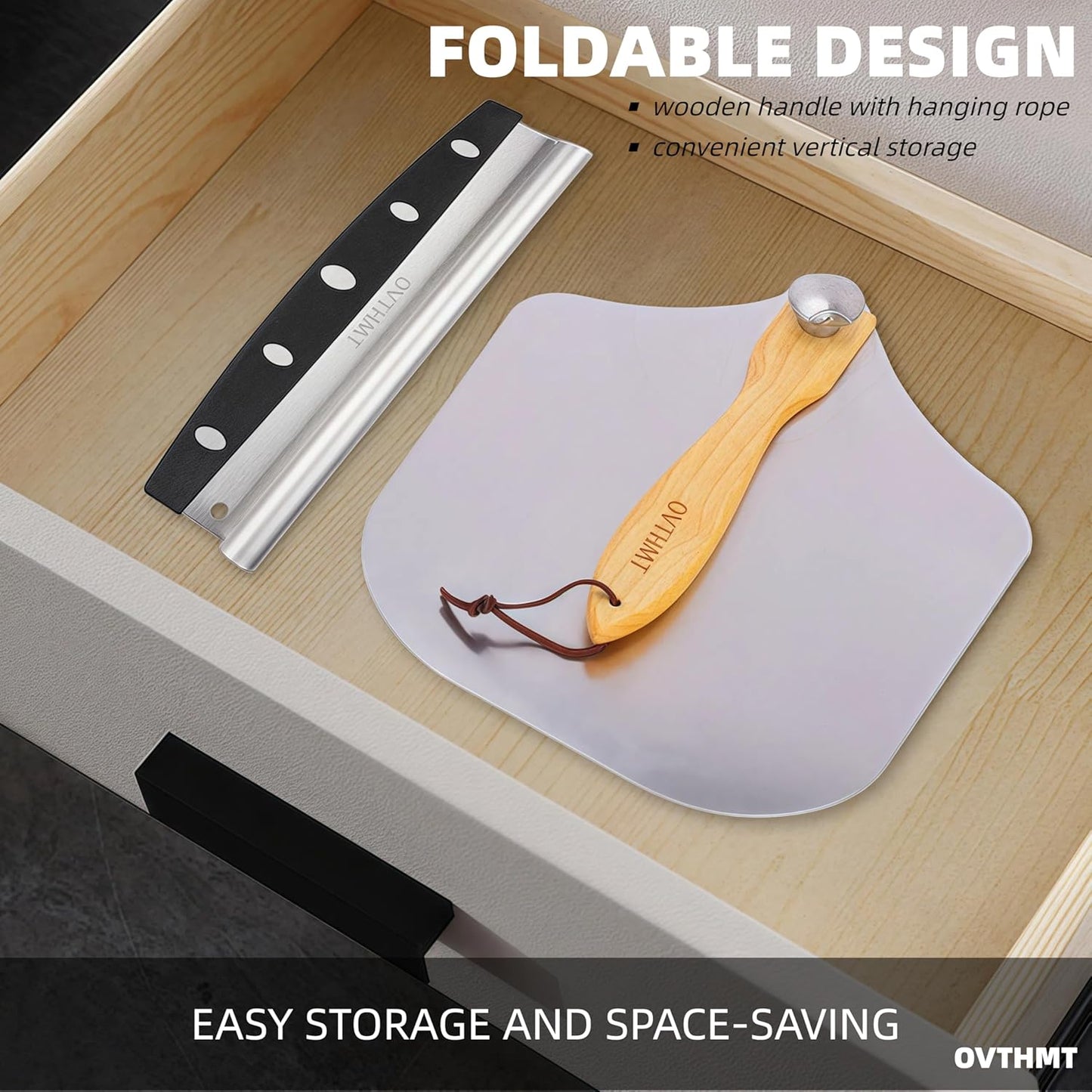 Metal Pizza Peel 2 PCS, Aluminum 12 x 14 inch Pizza Paddle with Foldable Wood Handle, Pizza Peel Set, Pizza Spatula With Rocker Cutter, Pizza Kit