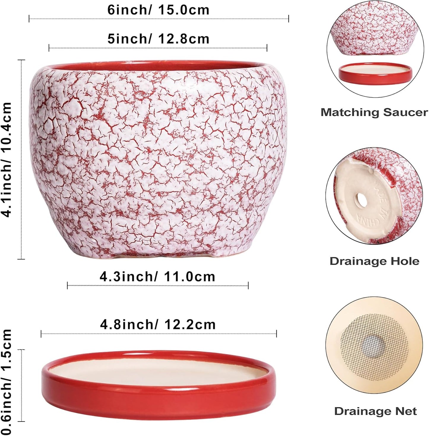 SQOWL 6 Inch Plant Pot - Ceramic Planter for Indoor Outdoor, Round Decorative Plant Pot with Drainage Hole and Saucer, Small Flower Planter, Home Balcony Decor, Gifts for Women Men, Red and White