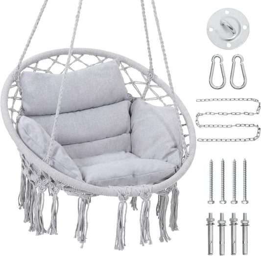 Macrame Hammock Hanging Swinging Chair with Medium Cushion, Perfect for Bedroom, Porch, Adults, Balcony, Grey