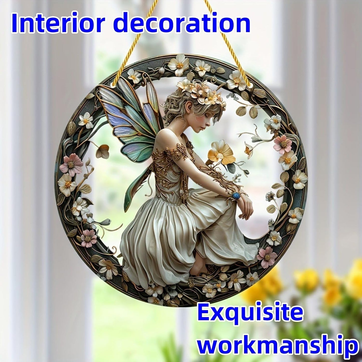 Flower Fairy Garden Decorations Angel Wing Christmas Halloween Deco Statue Art Elf Sculpture Hanging Craft for Outdoor Yard Courtyard Lawn Patio Window Acrylic Ornament Home Gift (C,S: 6*6 IN)