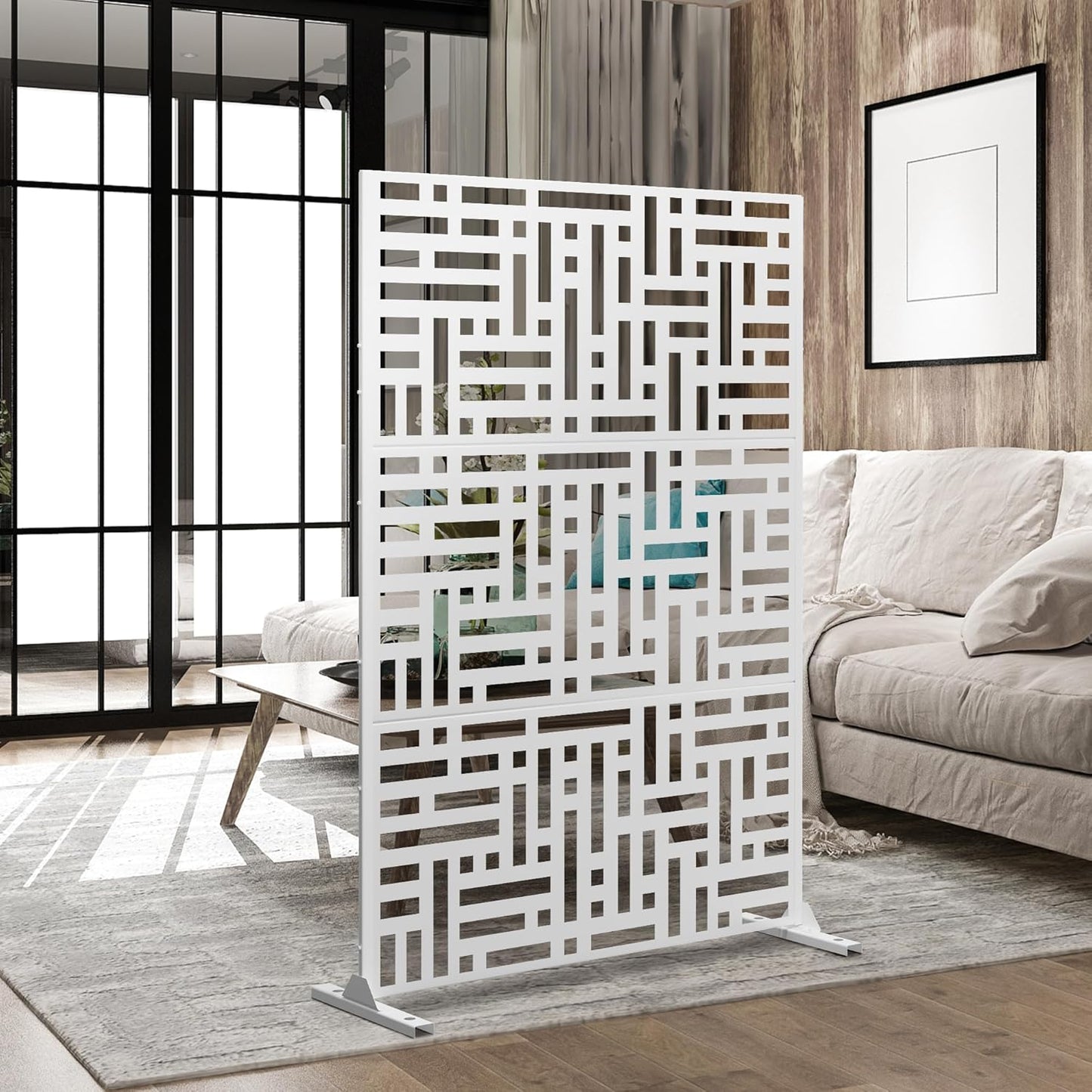 Metal Privacy Screen Outdoor 72" H×47" W,Freestanding Decorative Privacy Screen for Balcony Yard&Garden,Privacy Fence-White&Street