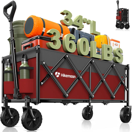 34'' Extra Long Collapsible Wagons Carts Foldable, 360LBS Heavy Duty Folding Beach Wagon with Wheels, Portable Utility Outdoor Cart for Grocery, Garden, Sports, Camping, Red & Grey