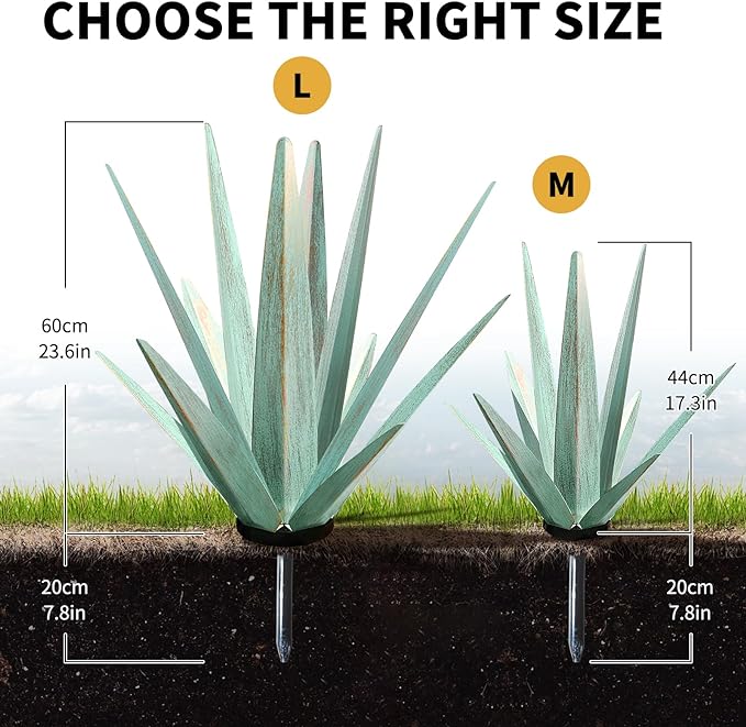 Large Tequila Rustic Sculpture, Rustic Metal Agave Plants for Outdoor Patio Yard, Home Decor Hand Painted Metal Agave Garden Yard Statue, Outdoor Lawn Ornaments (Mint Green - M)