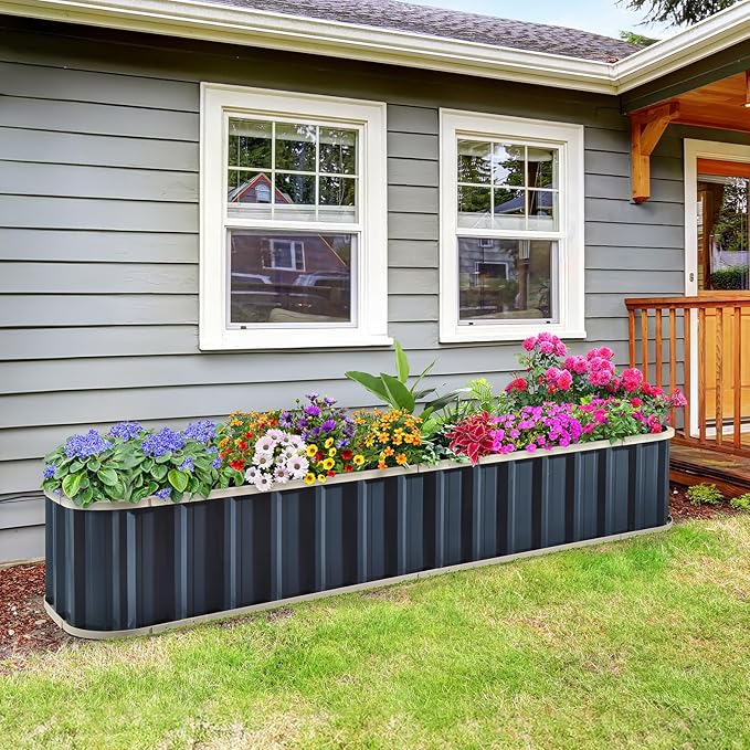 KING BIRD Raised Garden Bed Quick-Install Galvanized Planter Garden Box Outdoor for Gardening, Vegetables, Flowers 7.2x1.7x1 Ft, Dark Grey