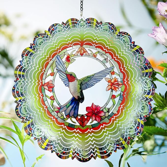 Metal Wind Spinners - Hummingbird 12 inch 3D Stainless Steel Hanging Wind Spinner Metal, Gifts for Women Mom Grandma Wife, for Indoor/Outdoor Decor, Yard Art, Garden Decoration