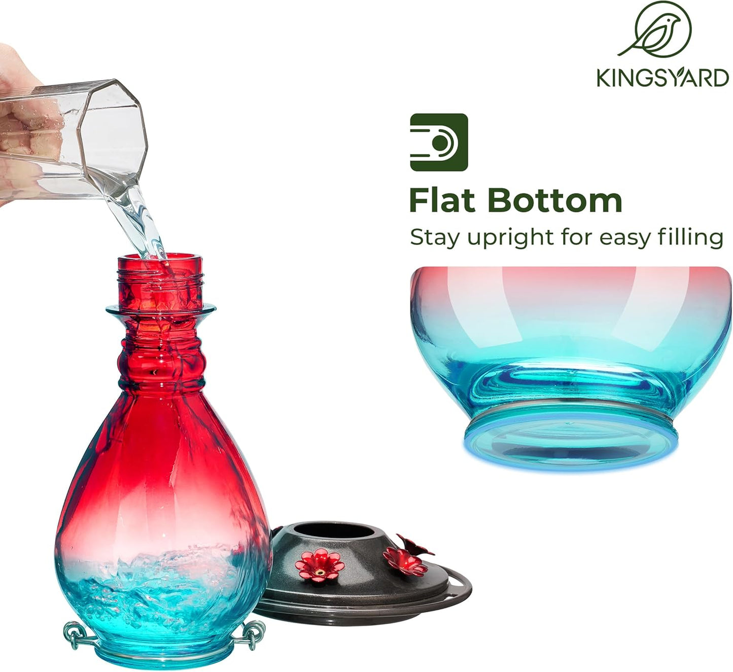 Kingsyard Glass Hummingbird Feeder - 6 Bee Guard Feeding Ports & Ant Moat, 24 oz Leak Proof, Wild Bird Feeder for Outdoors Hanging, Easy to Clean & Refill, Garden Yard Décor, Red & Blue