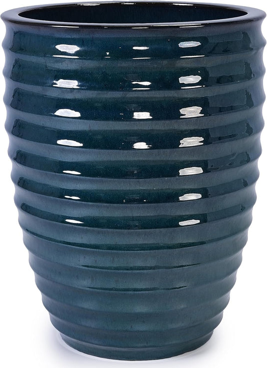 Large Ceramic Planter Pot 21 Inch, Tall Plante Pots Decorative Flower Pot with Ribbed Textured Pattern and Drainage for Indoor Outdoor Plants (Dark Green)
