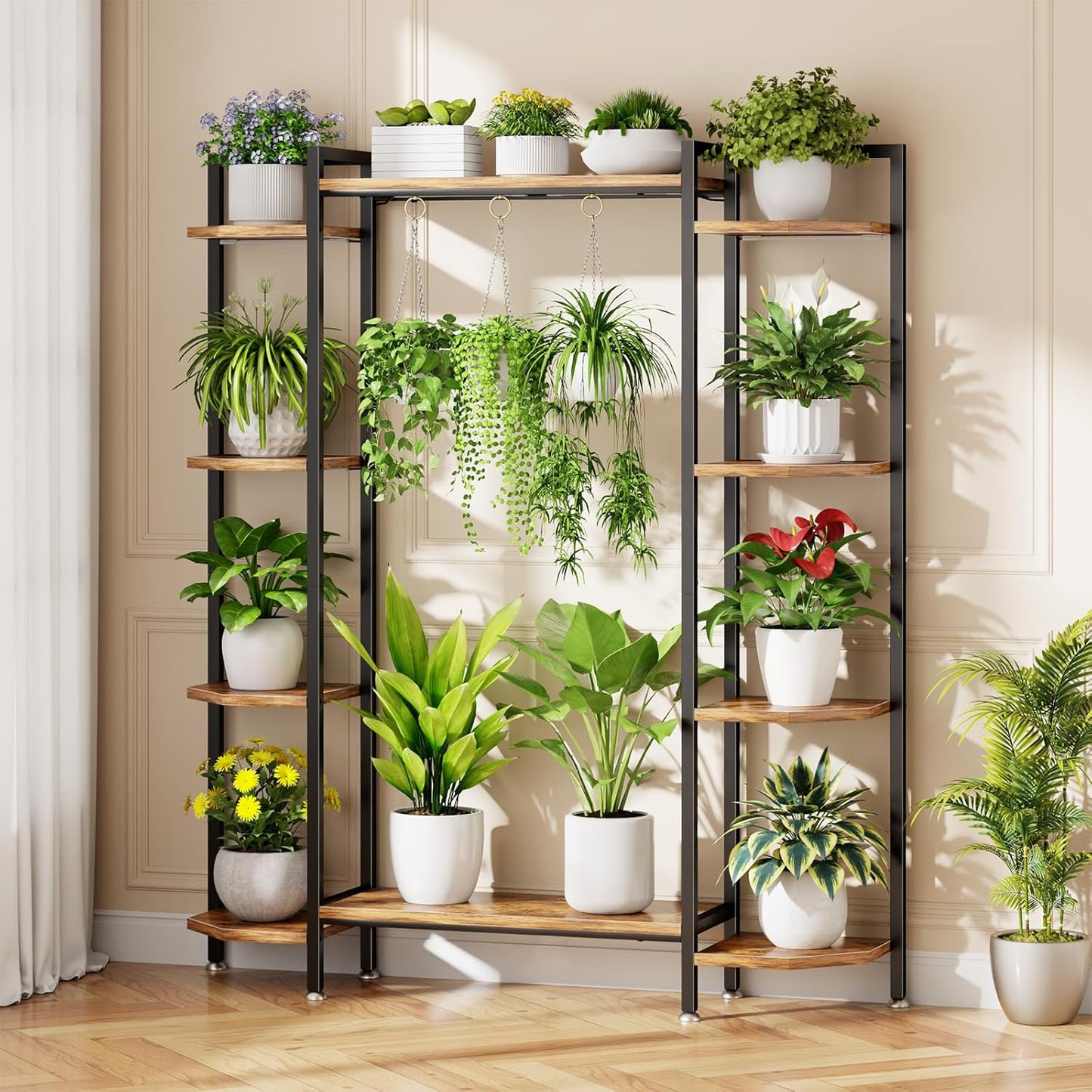 C1 Plant Stand Indoor with 6 Grow Lights, 6 Tiered Large Metal Plant Stand, 55 Inches Tall Plant Shelf with Hooks, Plant Holder Display Shelves for Patio, Garden, Living Room, Balcony