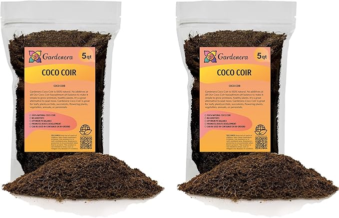 Premium Organic Coconut Coir Mix for Home Gardening - 10 Quart - All Natural Soil Amendment - PH Balanced and Double Washed Coco Coir by Gardenera (2 Bags of 5 Quart)
