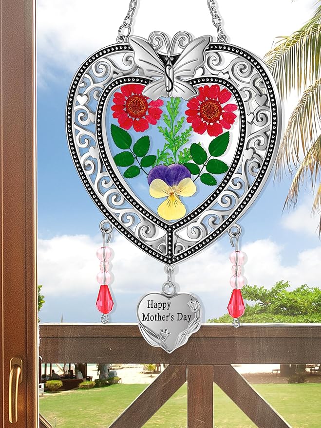 KY&BOSAM Suncatcher Happy Mother’s Day Stained Glass Tree of Life Heart Gifts Garden Ornament Wind Chimes for Windows Pressed Flower Between Heart in Glass Metal Engraved Charm as