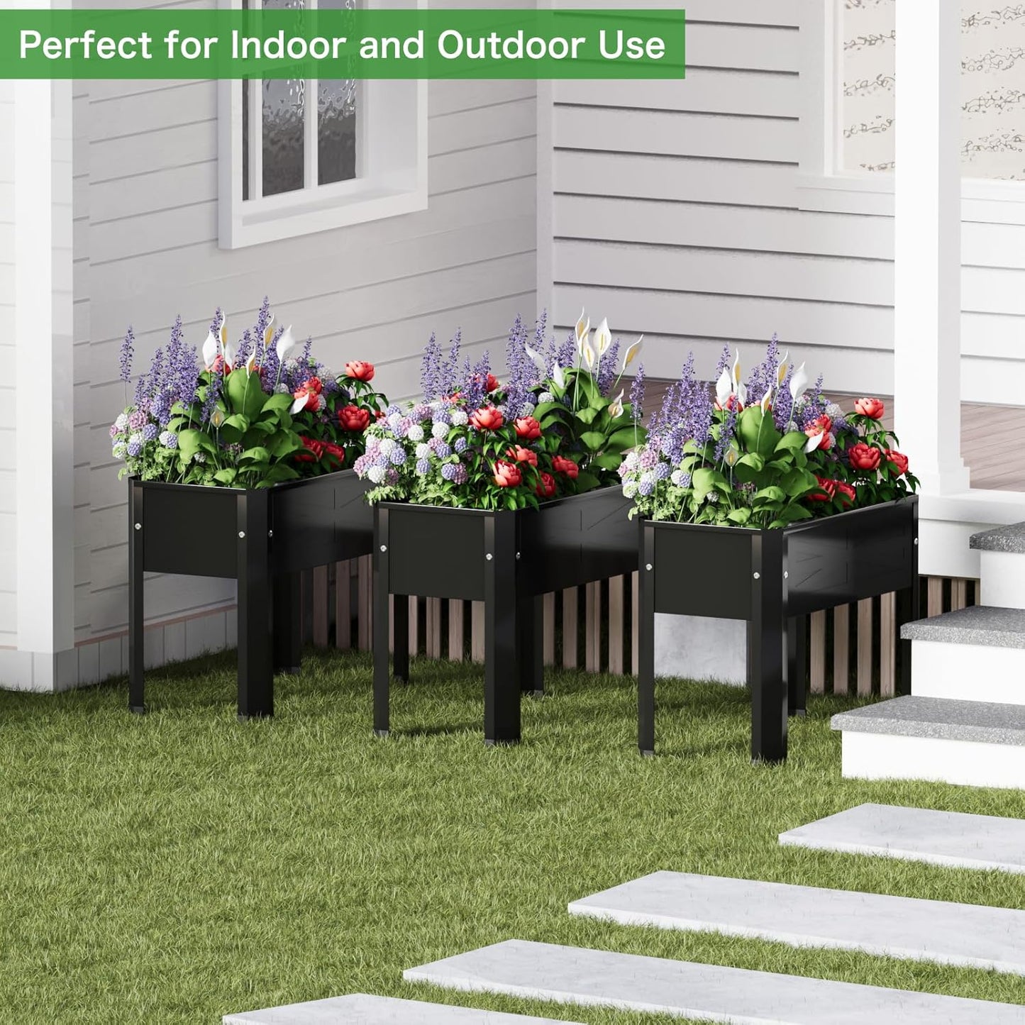 Raised Garden Bed with Detachable Tall Legs Elevated Metal Planter Box for Growing Fresh Herbs Vegetables Flowers Succulents&Other Plants for Outdoor Backyard Patio Deck Balcony Black