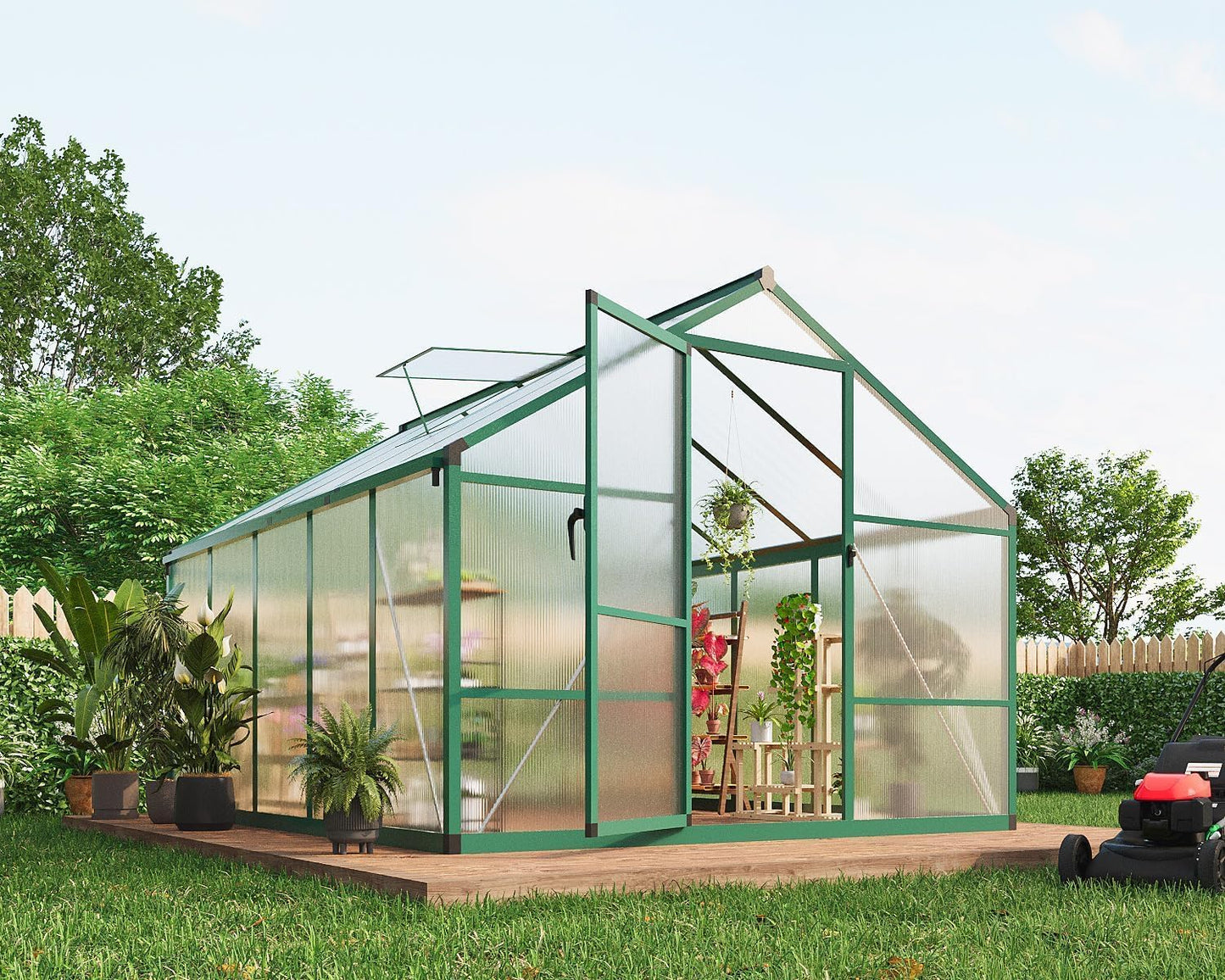 8x10 FT Greenhouse for Outdoors, Polycarbonate Flower Greenhouse with Roof Vent, Push-Pull Lockable Door, Aluminum Walk-in Greenhouses for Outside Garden Backyard, Patio, Lawn, Green