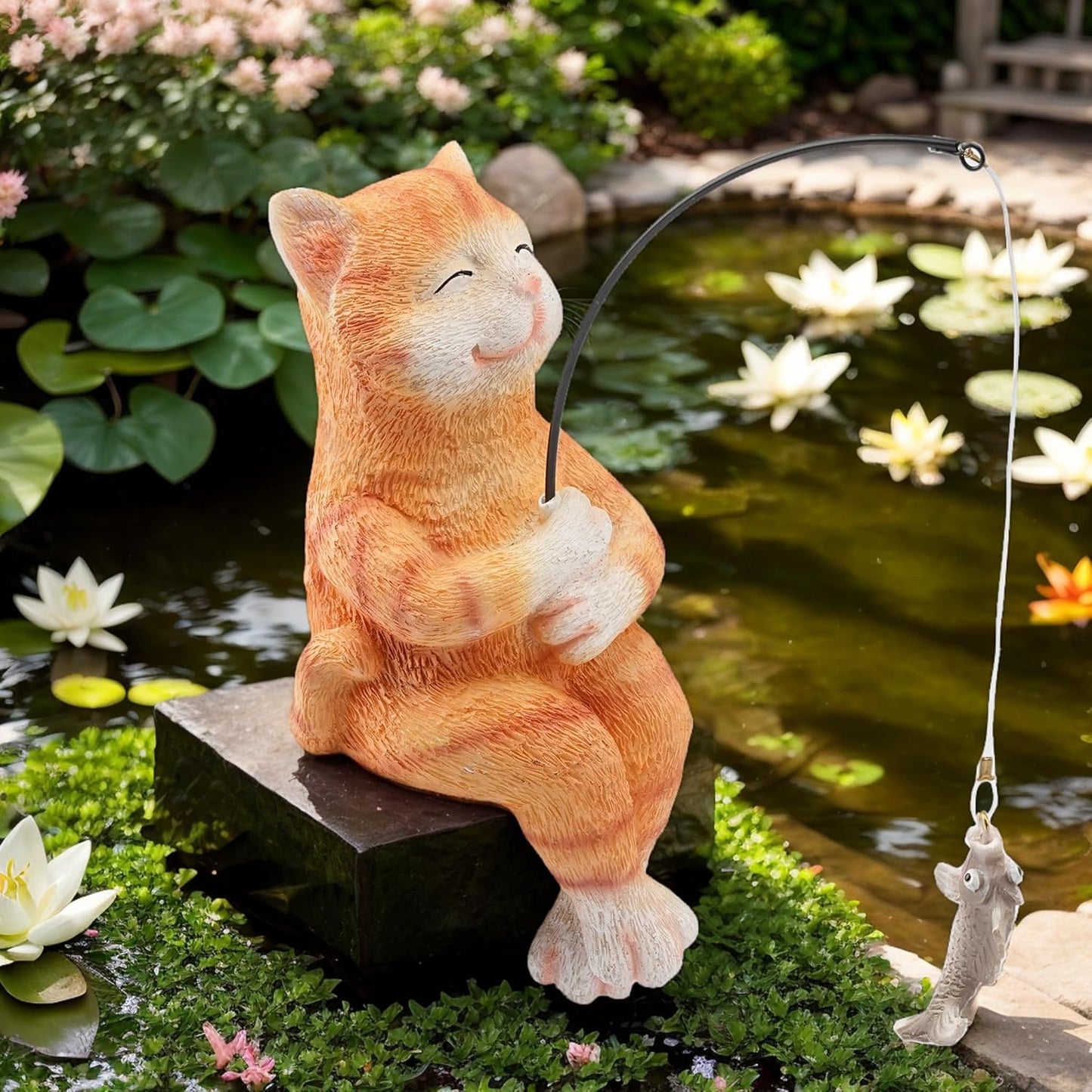 9.5“ Cat Fishing Garden Sculptures & Statues, Stone Look Fishing, Whimsical Lawn Yard Art, Funny Garden Pond Fisherman, Resin Animal Decor, Cat Lover Ornament, Cute Outdoor Statue