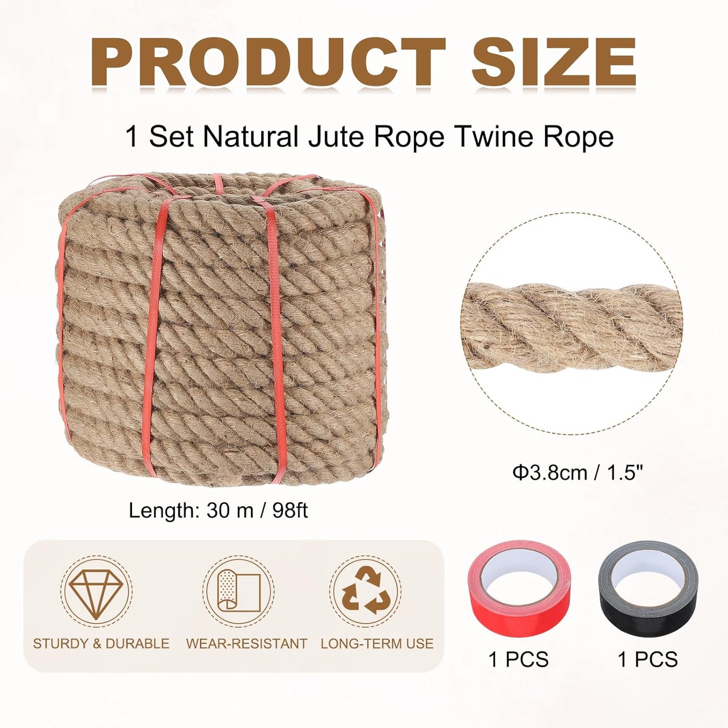 MECCANIXITY Jute Rope 1.5 Inch x 98ft, Thick Twine Rope Ropes Braided Jute Twine Natural Brown Burlap Cord String Heavy Twisted with Tapes for Decorative Crafts Railing Swing Tug of War
