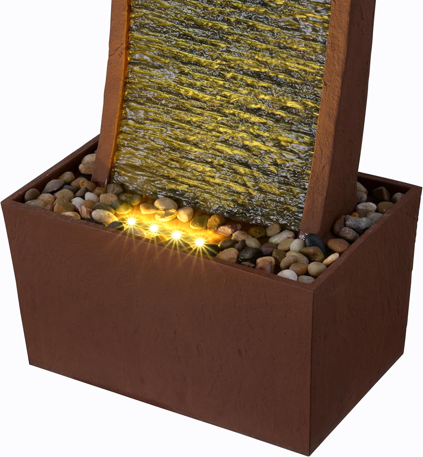 Teamson Home 38.5" Indoor/Outdoor Modern Curved Faux Slate Waterfall Fountain with LED Lights, Red Rock