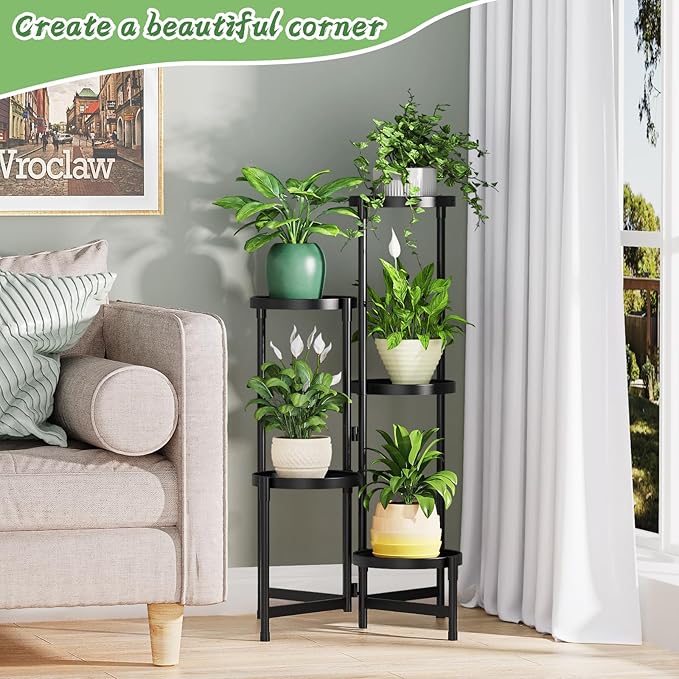 MOKANI Metal Plant Stand Indoor Outdoor for Multiple Plants, 5 Tiered Folding Corner Shelf Tall Flower Pot Holder Display Rack for Patio Living Room Balcony Garden, Black