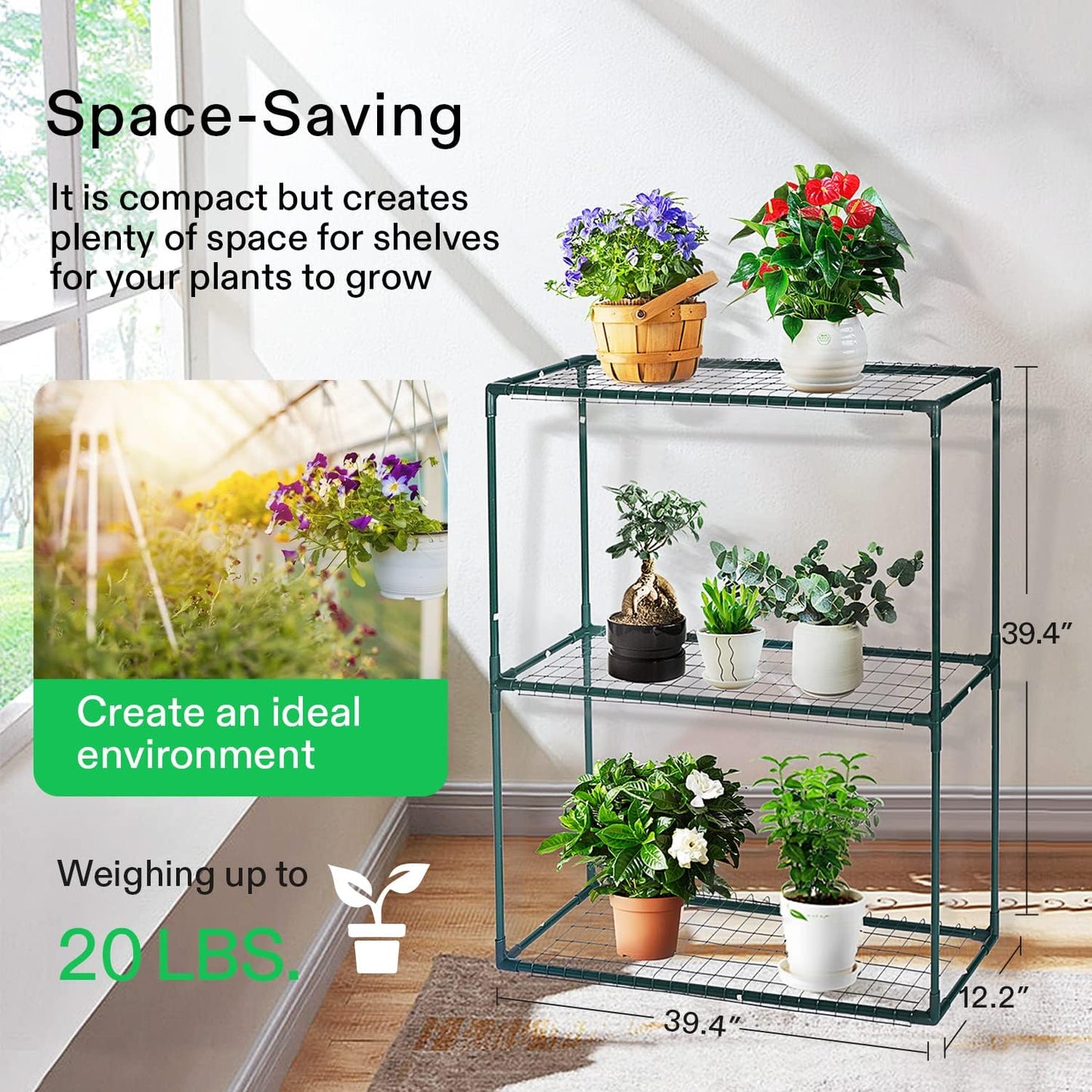 VIVOSUN Mini Lean-to Greenhouse, 6.6’ x 3.3’ x 6.9’ Portable Wall House with White PE Cover and Shelf for Compact Garden 79x39x83-Inch