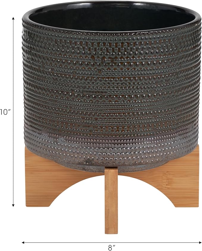 Sagebook Home 8" Ceramic Planter on Bamboo Wood Stand - Green Plant Stand with Contemporary Dotted Design - Indoor or Outdoor Plants and Succulents