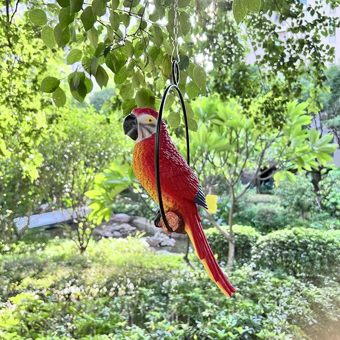 Lifelike Parrot Garden Statues Hanging Decor Ornaments Figurines Sculpture for Patio Lawn Yard, Blue Tail (Red Tail)