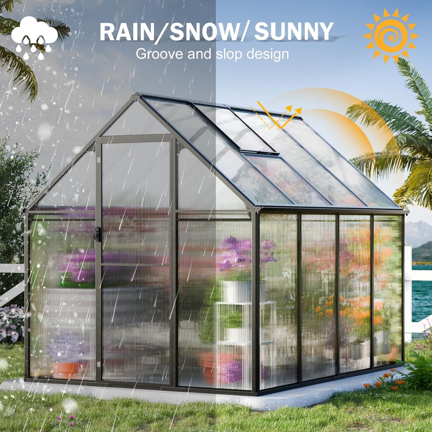 CDCASA 8.2x6.2 FT Greenhouse for Outdoors, Easy Assembly Aluminum Heavy Duty Polycarbonate Greenhouses w/Vent Window, Swing Door, Walk-in Green House for Sunroom Patio, Backyard, Garden,Black