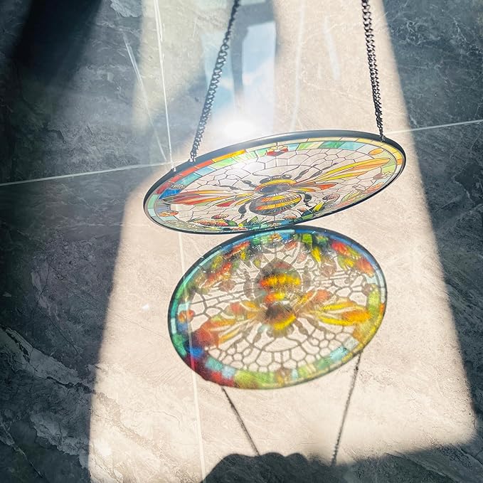 RIVEENY Bumblebee Stained Glass Window Hangings,8''Bee Suncatcher Stained Glass Window Panel Gift for Christmas Anniversary Birthday Mother's Day