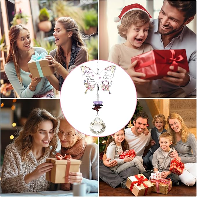 Sister Gifts, Valentines Day Gifts for Sister, Gifts for Sister Crystal Suncatcher, Mother's Day Birthday for Sister, to My Sister Gifts Hanging Butterfly Crystal Suncatcher Ornament