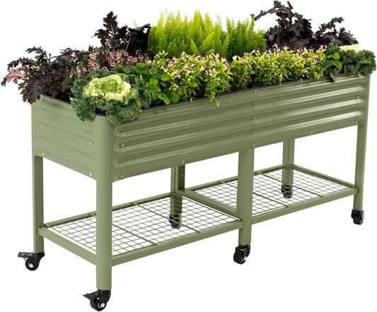 Rolling Elevated Raised Garden Bed-V Series, 2' x 6' Garden Beds with Legs & Storage Rack for Patio & Porch, 1000 Lbs Weight Capacity, Outdoor Planter Box for Vegetables Flower Herbs, Olive Green