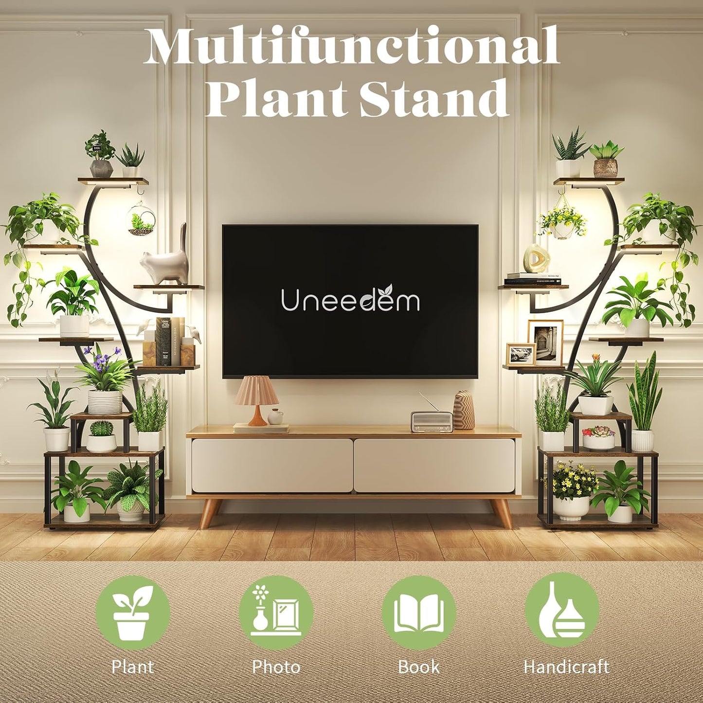 Uneedem Plant Stand Indoor with Grow Light, 8 Tiered Plant Shelf for Multiple Plants, 62" Tall Tree Shaped Metal Plant Rack Flower Holder for Room Corner Balcony Garden Patio