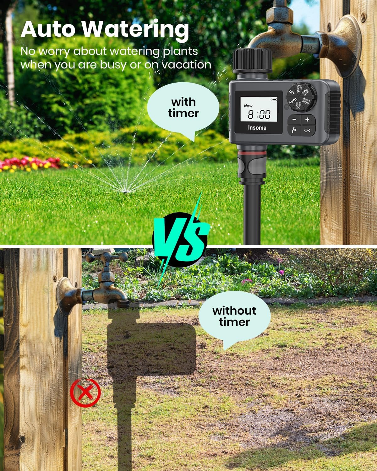 Insoma Outdoor Garden Hose Faucet Timers, Programmable Water Sprinkler Timer with Rain Delay/Manual/Automatic Drip Irrigation and Lawn Watering System for Yard, 1 Outlet