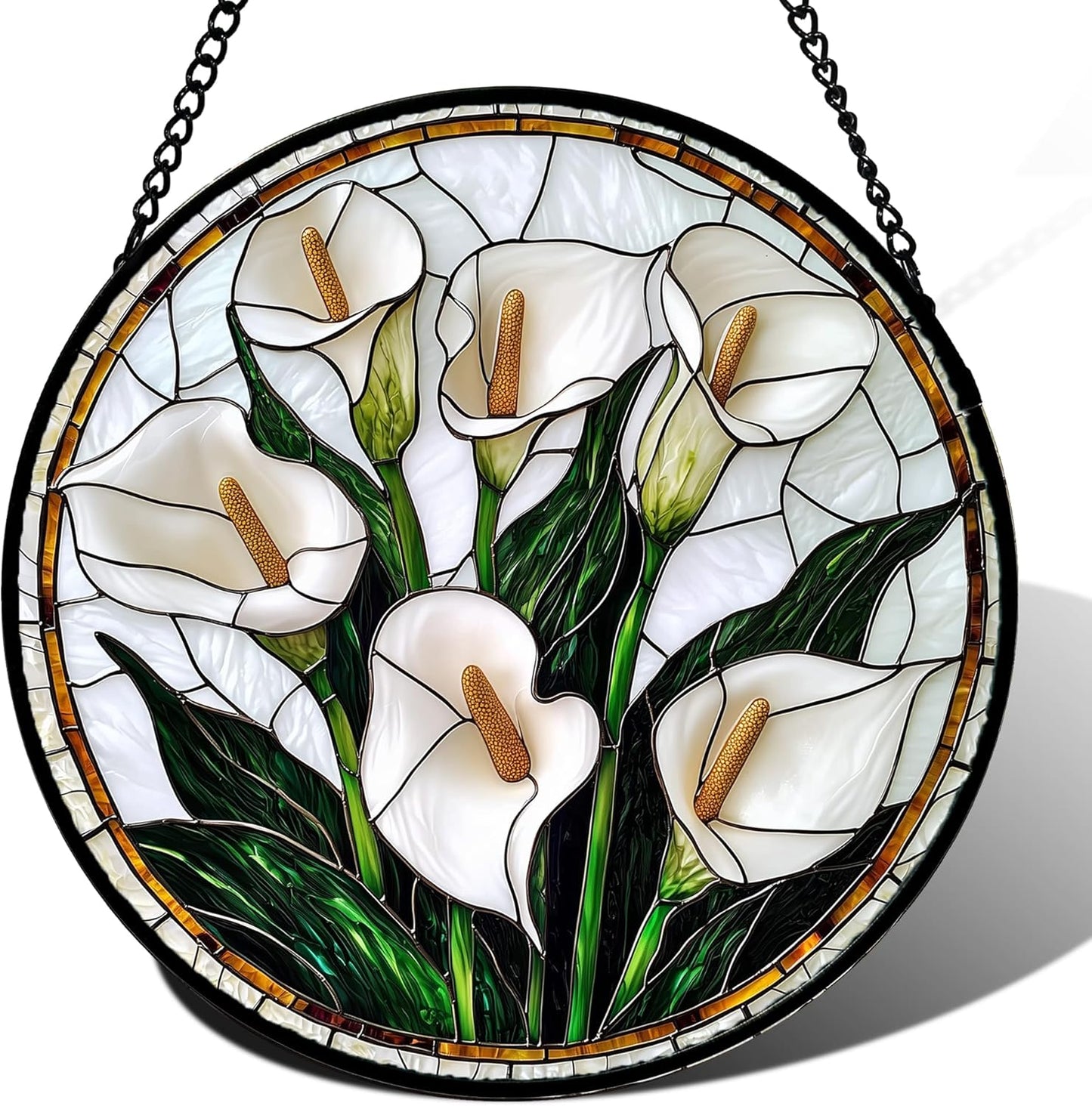 Stained Glass Window Hanging, White Calla Lily Flowers Sun Catchers Glass Panel Plant Suncatcher Decor for Birthday for Women, Men, Wife, Aunt, and Mom 14.9x14.9 in