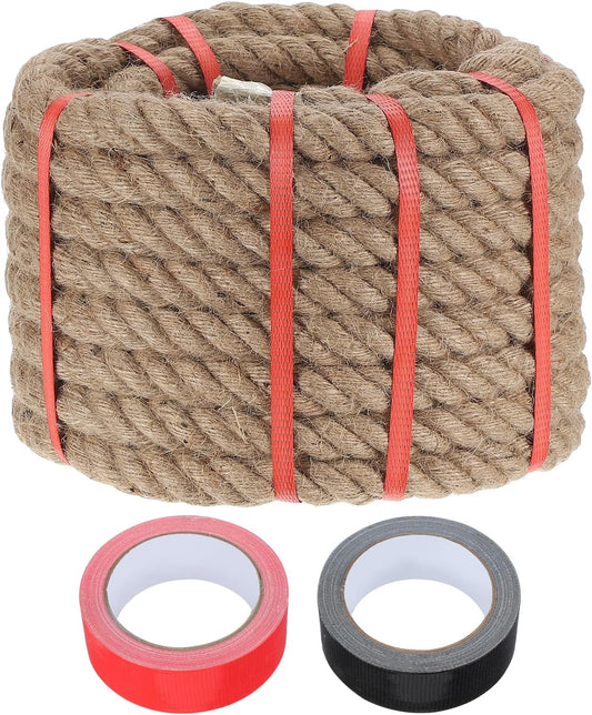 MECCANIXITY Jute Rope 1 Inch x 44ft, Thick Twine Rope Ropes Braided Jute Twine Natural Brown Burlap Cord String Heavy Twisted with Tapes for Decorative Crafts Railing Swing Tug of War