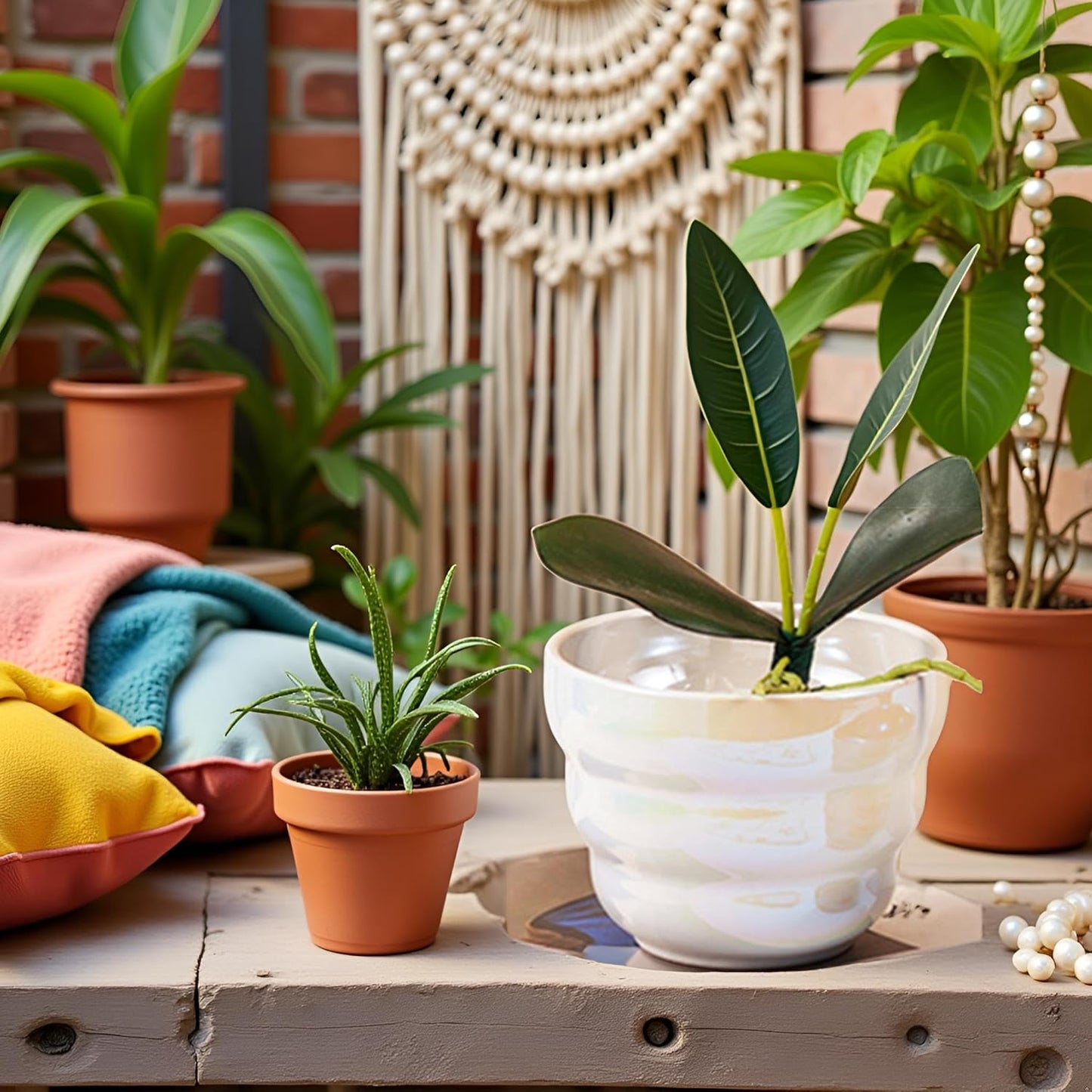 Pots for Indoor Plants, Rainbow Pearl Glaze Planters 2 Pieces with Drainage Hole, 6 Inch Round Modern Garden Pots for Flower Snakes Succulents, White and Pink