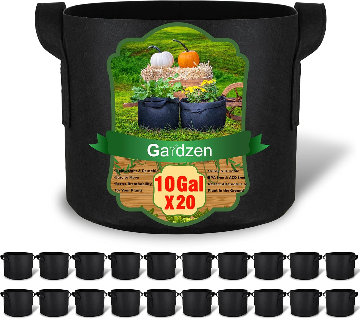 Gardzen 20-Pack 10 Gallon Grow Bags, Aeration Fabric Pots with Handles, Heavy Duty Plant Bags for Plants