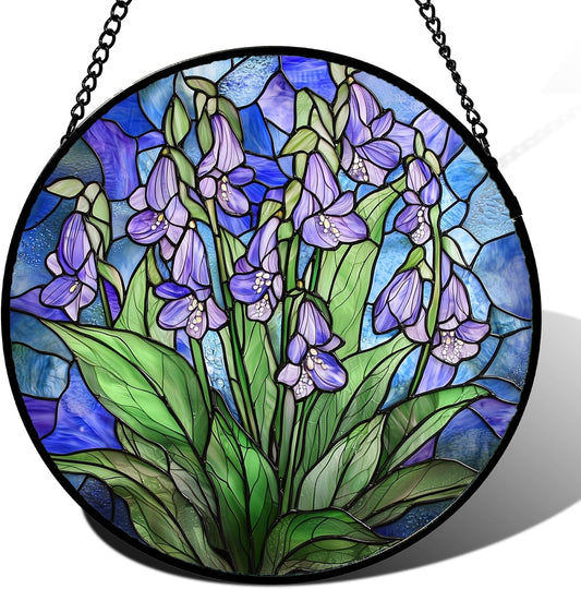Stained Glass Suncatcher, Blue Purple Flowers Green Leaves Sun Catcher Plants Stain Glass Window Hanging Decoration Mother's Day Birthday Gifts for Women Men Mom and Nana 6.3 in