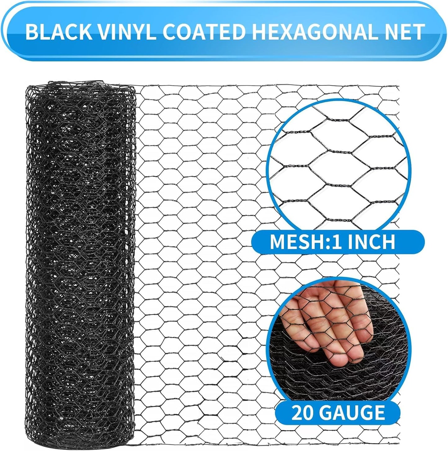 24'' x 150' Black Chicken Wire Mesh Fence, 20 Gauge Galvanized Poultry Netting and 1 inch Garden Mesh Fence Roll, Chicken Wire for Floral Arrangements/Crafts/Farm/Livestock/Pet Protection