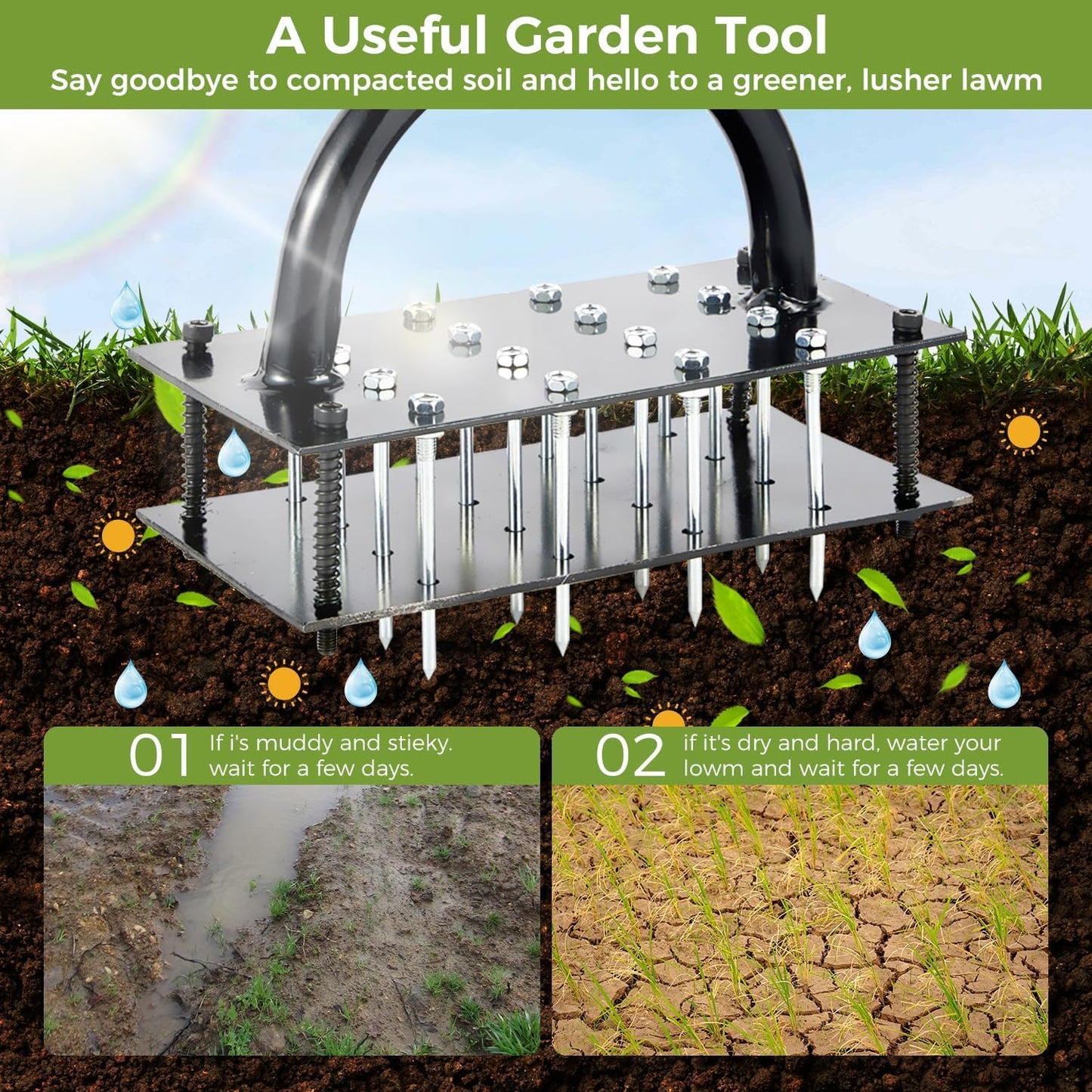 Lawn Aerator Tool, Lawn with 15 Iron Spikes, Automatic Leaf and Dirt Cleaning with Spring-Loaded Design, Metal Manual Aerator for Loosening Soil Aerating Patio, Yard, Garden Black