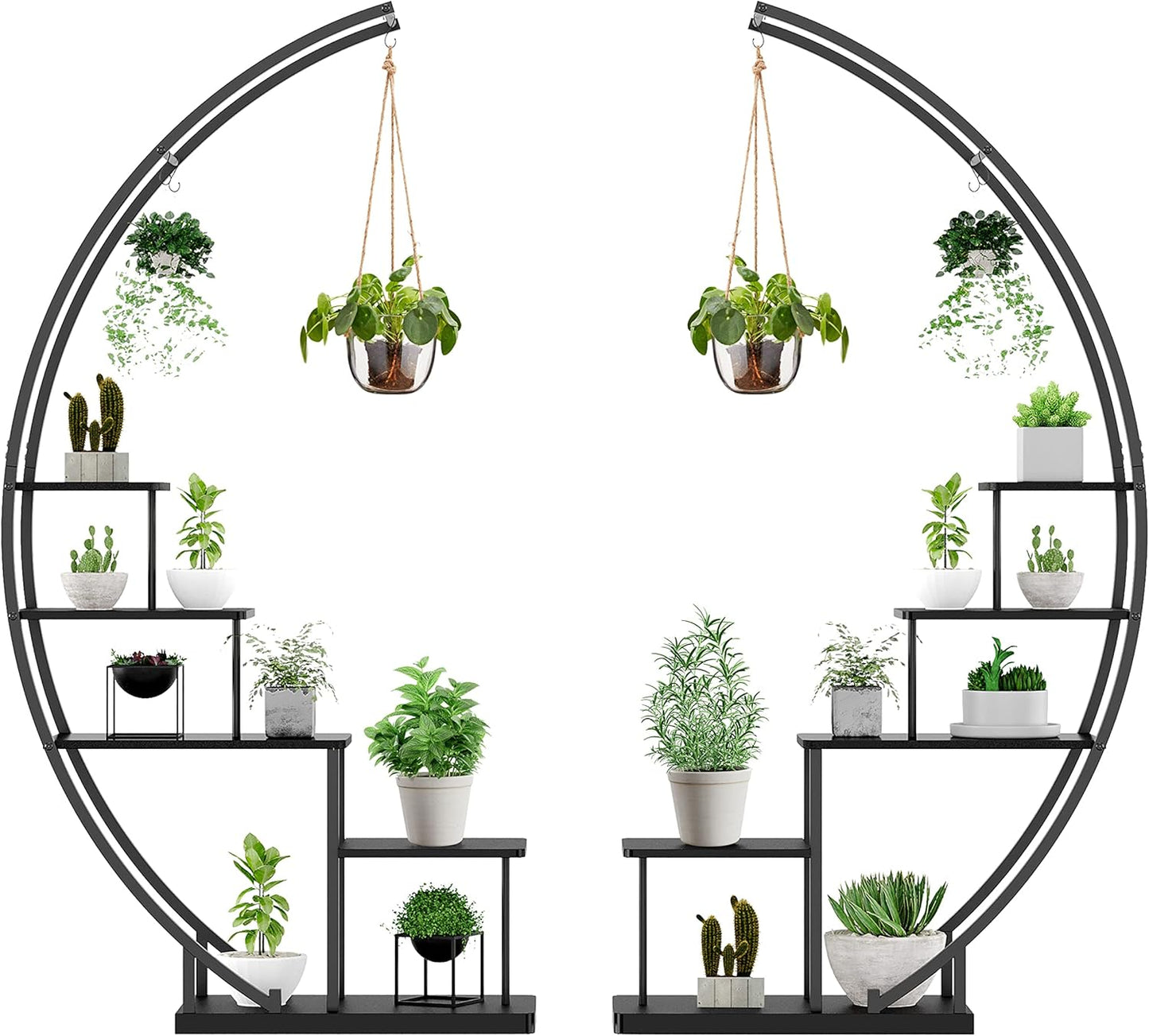 5 Tier Metal Plant Stand Indoor, 67.25“ Tall Half Moon Shape Multiple Stand Holder Shelf Planter Display, Hanging Shelf Flower Stand Ladder for Patio Garden Living Room, Black Set of 2