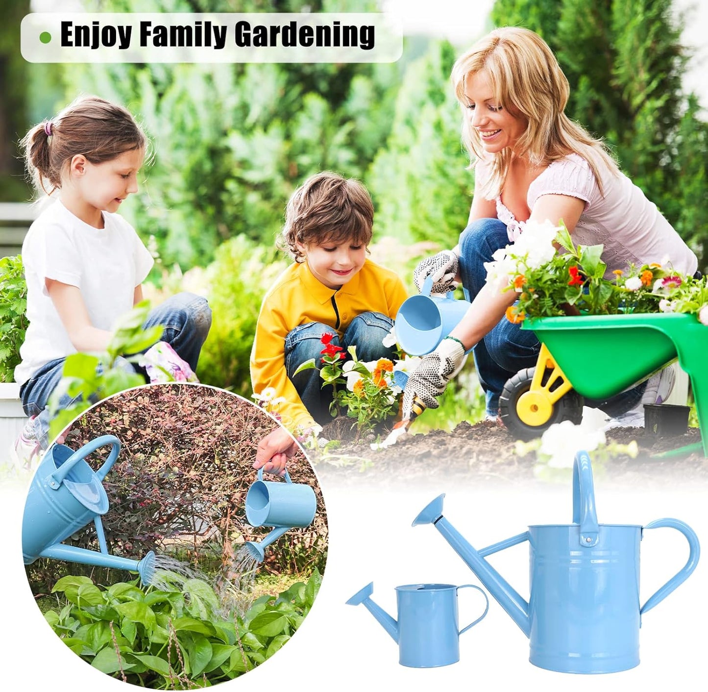 Metal Watering Can (1 Gallon) for Outdoor&Indoor Plants with Free Small Watering can for Kids, Plant Watering Can with Removable spout, Perfect for Garden Flower, Houseplants, (Light Blue)